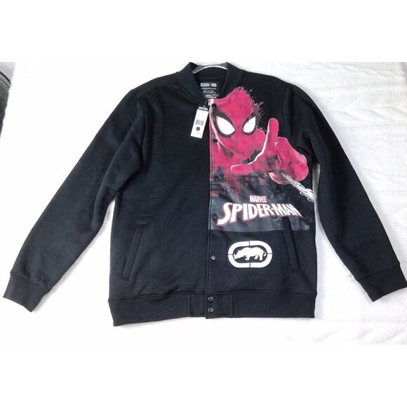 Ecko Marvel Spiderman Fleece Jacket Men's Size Large Black Varsity Graphic Snaps - Picture 1 of 6